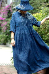 BABAKUD Plant Dyed Blue Batik Texture Cotton Linen Loose Handmade Dress