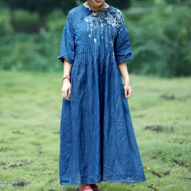 BABAKUD Plant Dyed Blue Batik Texture Cotton Linen Loose Handmade Dress