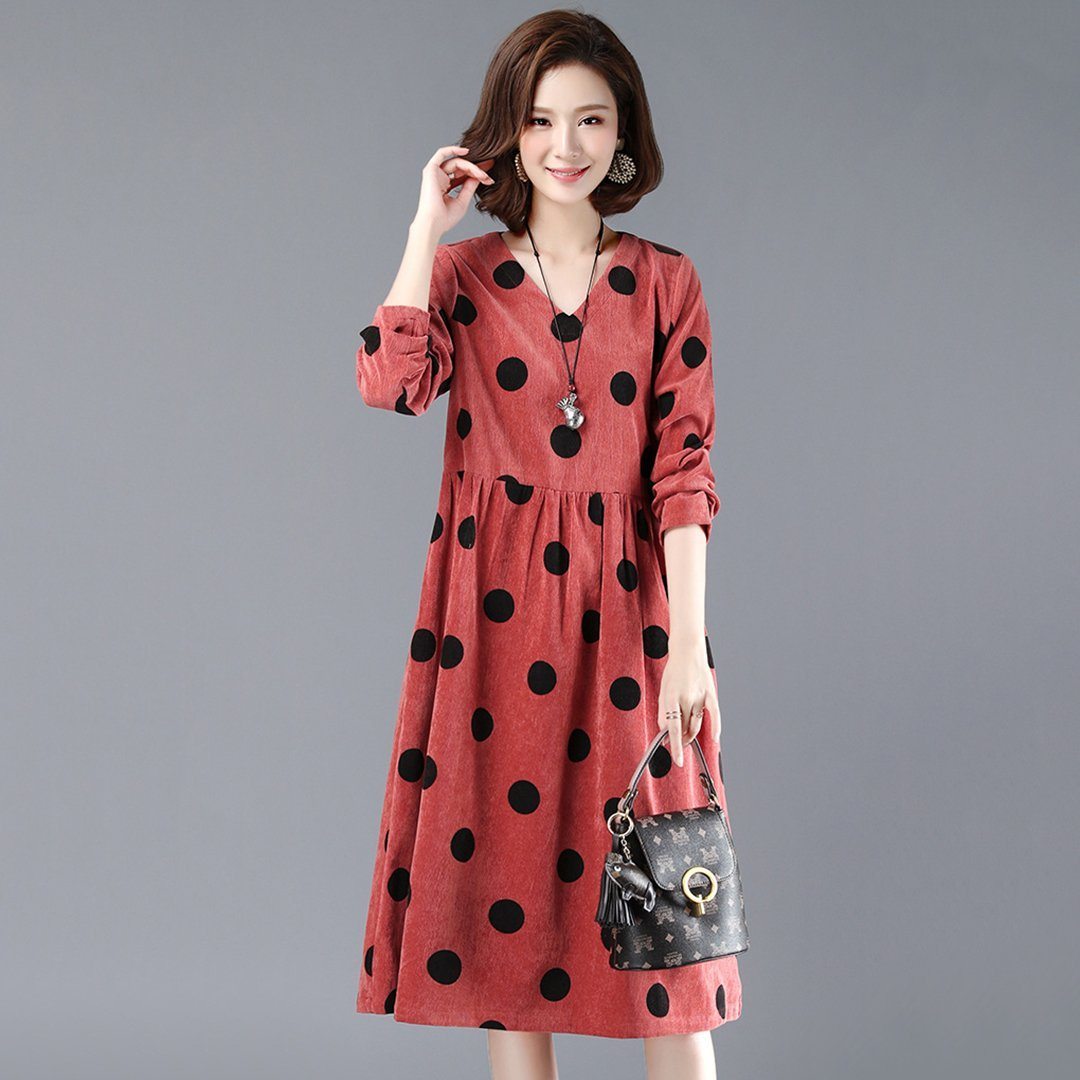 BABAKUD Polka Dots Casual Loose Gathered V-Neck Dress