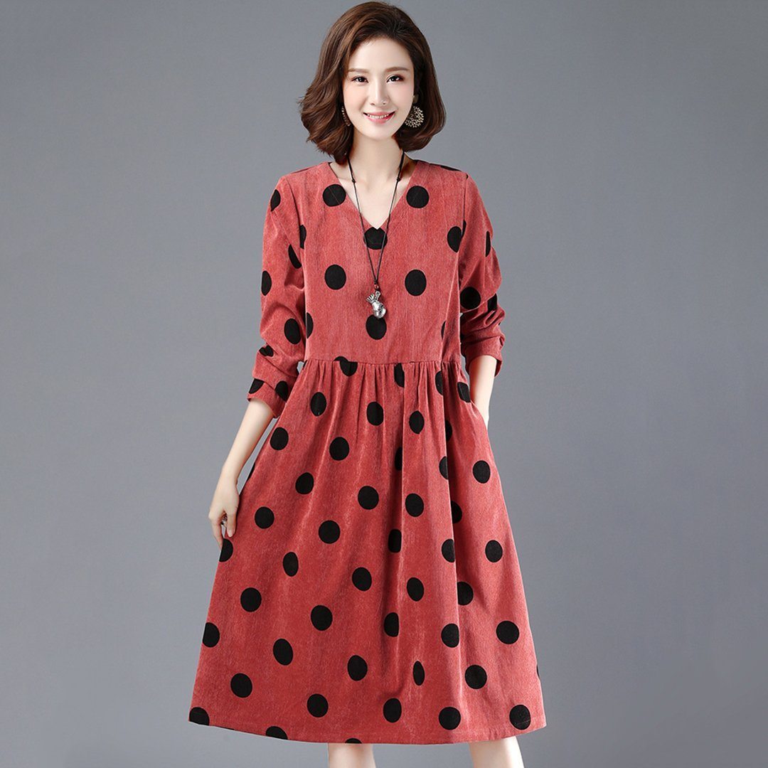 BABAKUD Polka Dots Casual Loose Gathered V-Neck Dress