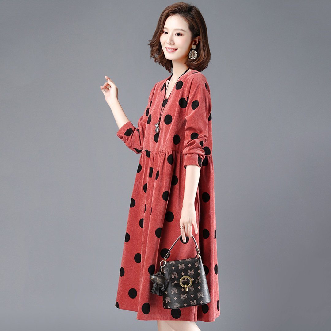 BABAKUD Polka Dots Casual Loose Gathered V-Neck Dress