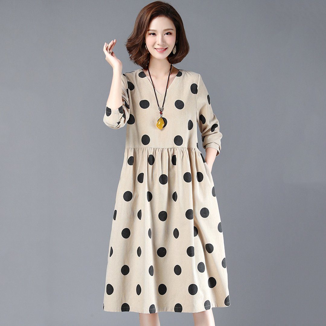 BABAKUD Polka Dots Casual Loose Gathered V-Neck Dress