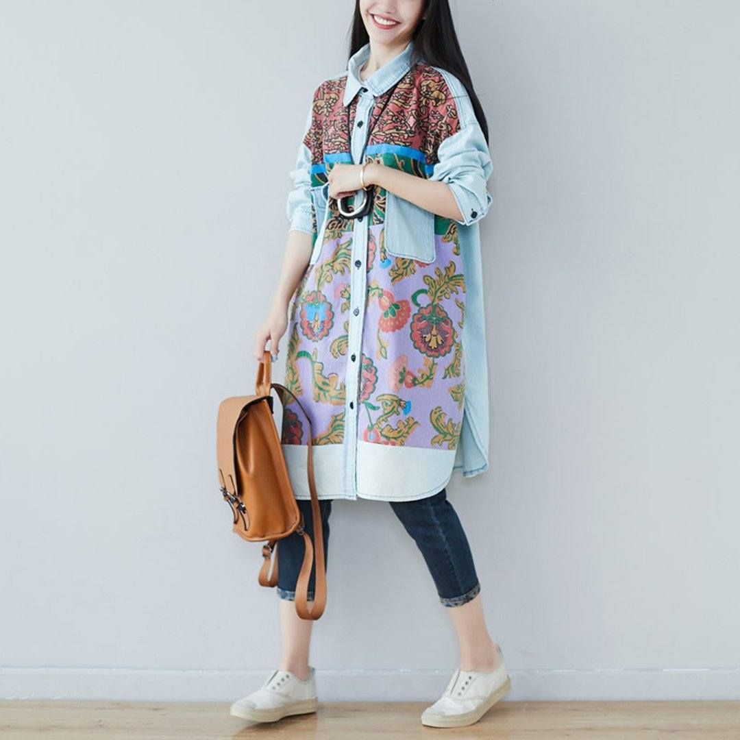 BABAKUD Printed Denim Shirt & Long Sleeve Dress