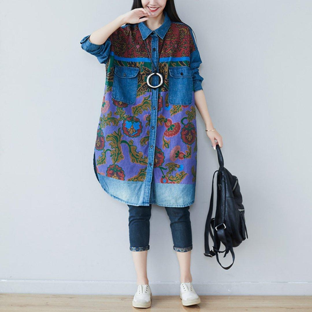 BABAKUD Printed Denim Shirt & Long Sleeve Dress