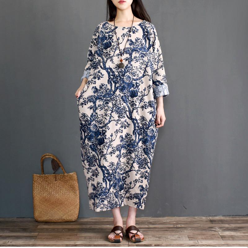 Babakud Retro Linen Printed Loose Long Sleeve Dress