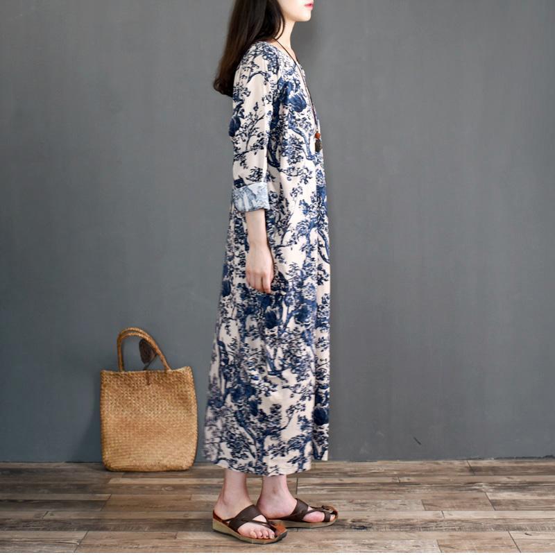 Babakud Retro Linen Printed Loose Long Sleeve Dress