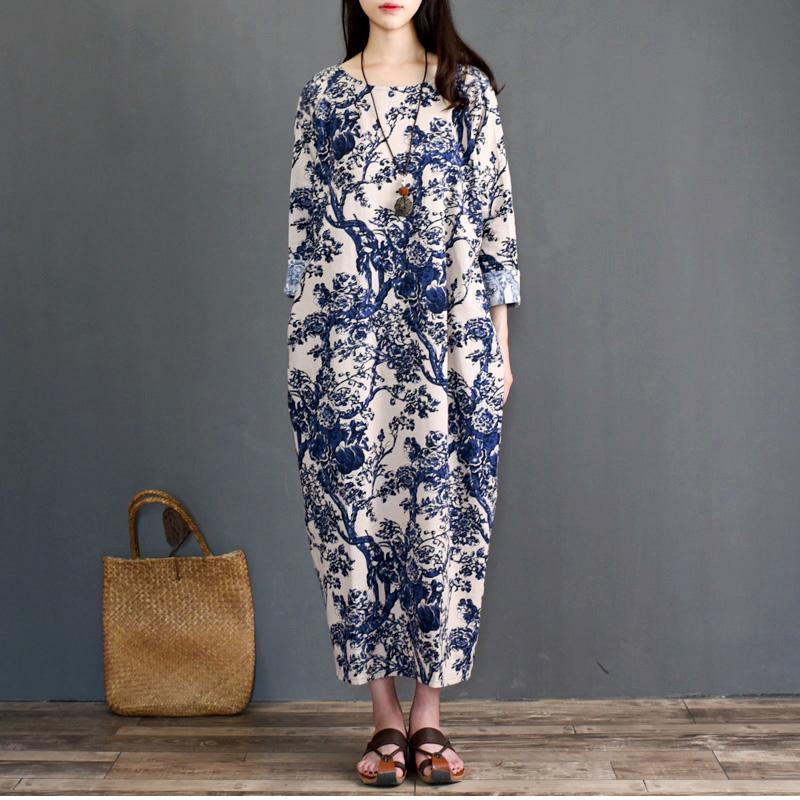 Babakud Retro Linen Printed Loose Long Sleeve Dress