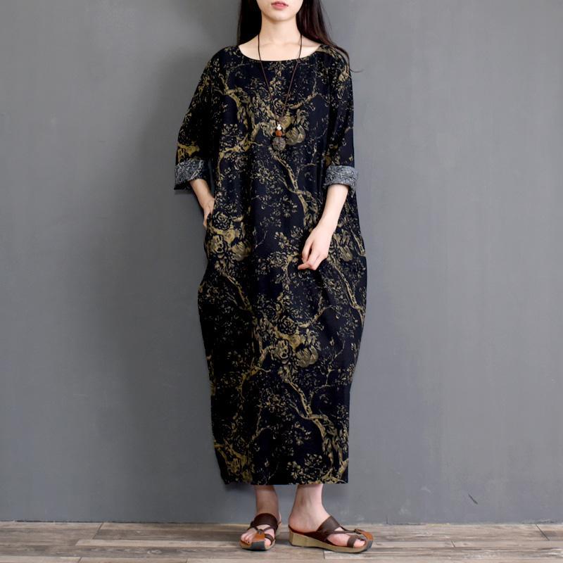 Babakud Retro Linen Printed Loose Long Sleeve Dress