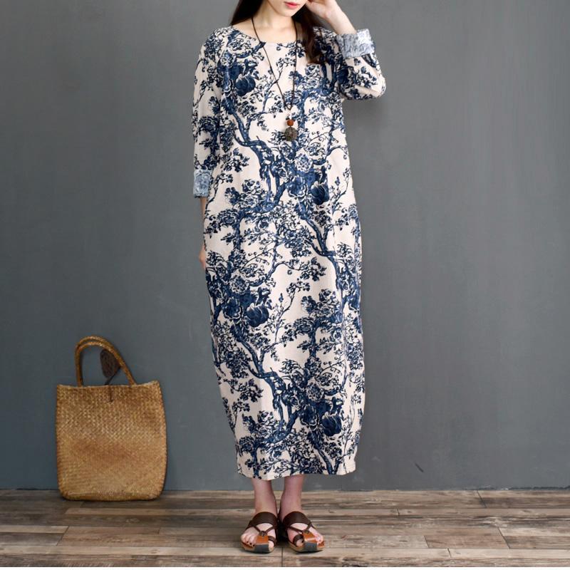 Babakud Retro Linen Printed Loose Long Sleeve Dress