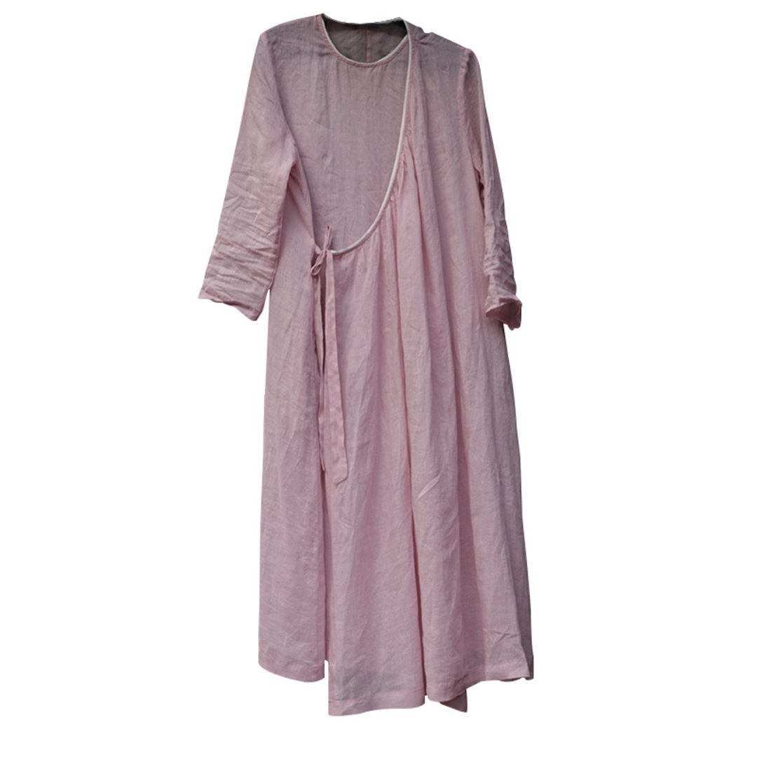 BABAKUD Solid Casual Linen Simple Breathable Long Sleeve Dress