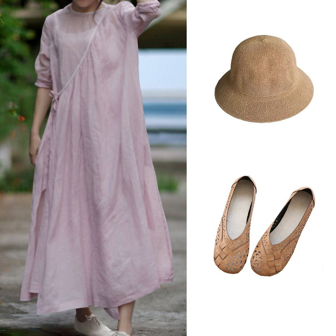 BABAKUD Solid Casual Linen Simple Breathable Long Sleeve Dress