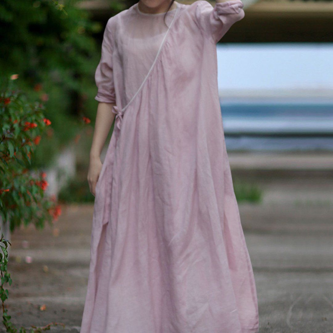 BABAKUD Solid Casual Linen Simple Breathable Long Sleeve Dress