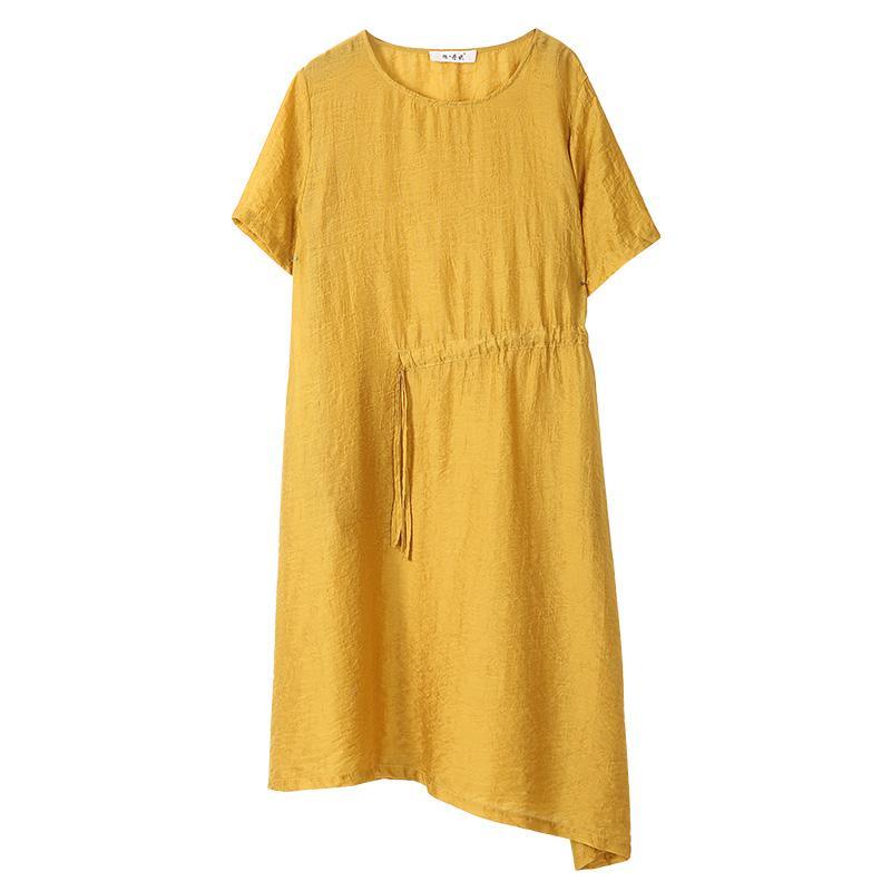 Babakud Solid Casual Loose Cotton Linen Drawstring Dress