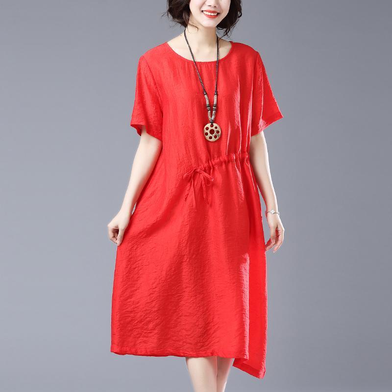 Babakud Solid Casual Loose Cotton Linen Drawstring Dress