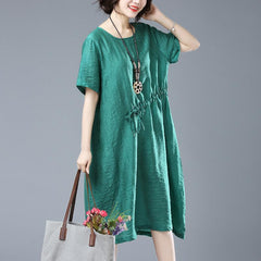 Babakud Solid Casual Loose Cotton Linen Drawstring Dress