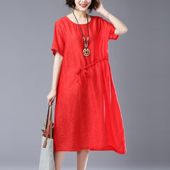 Babakud Solid Casual Loose Cotton Linen Drawstring Dress