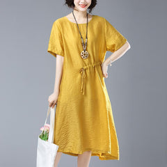 Babakud Solid Casual Loose Cotton Linen Drawstring Dress