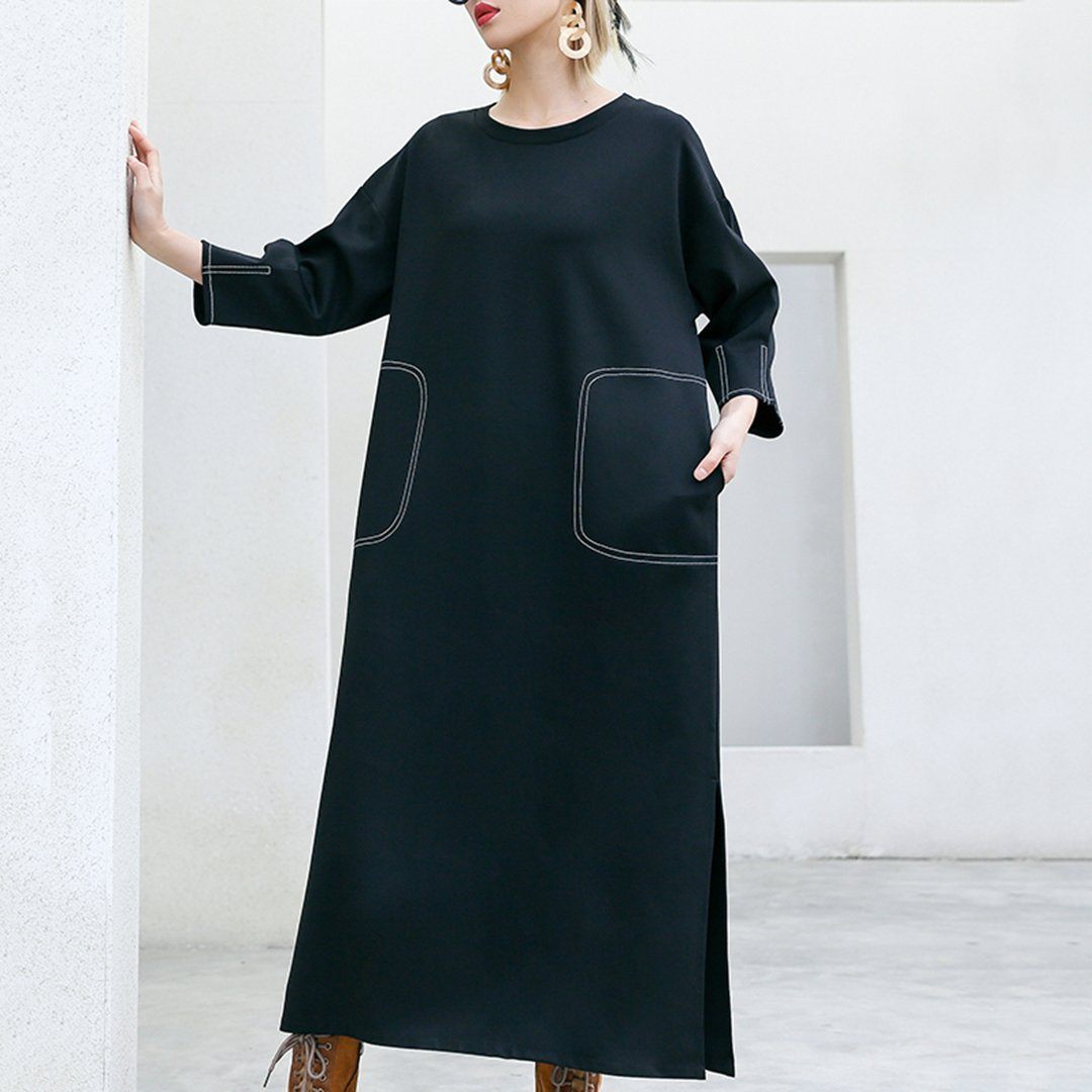 Babakud Solid Sewing Casual Loose Long Sleeve Dress