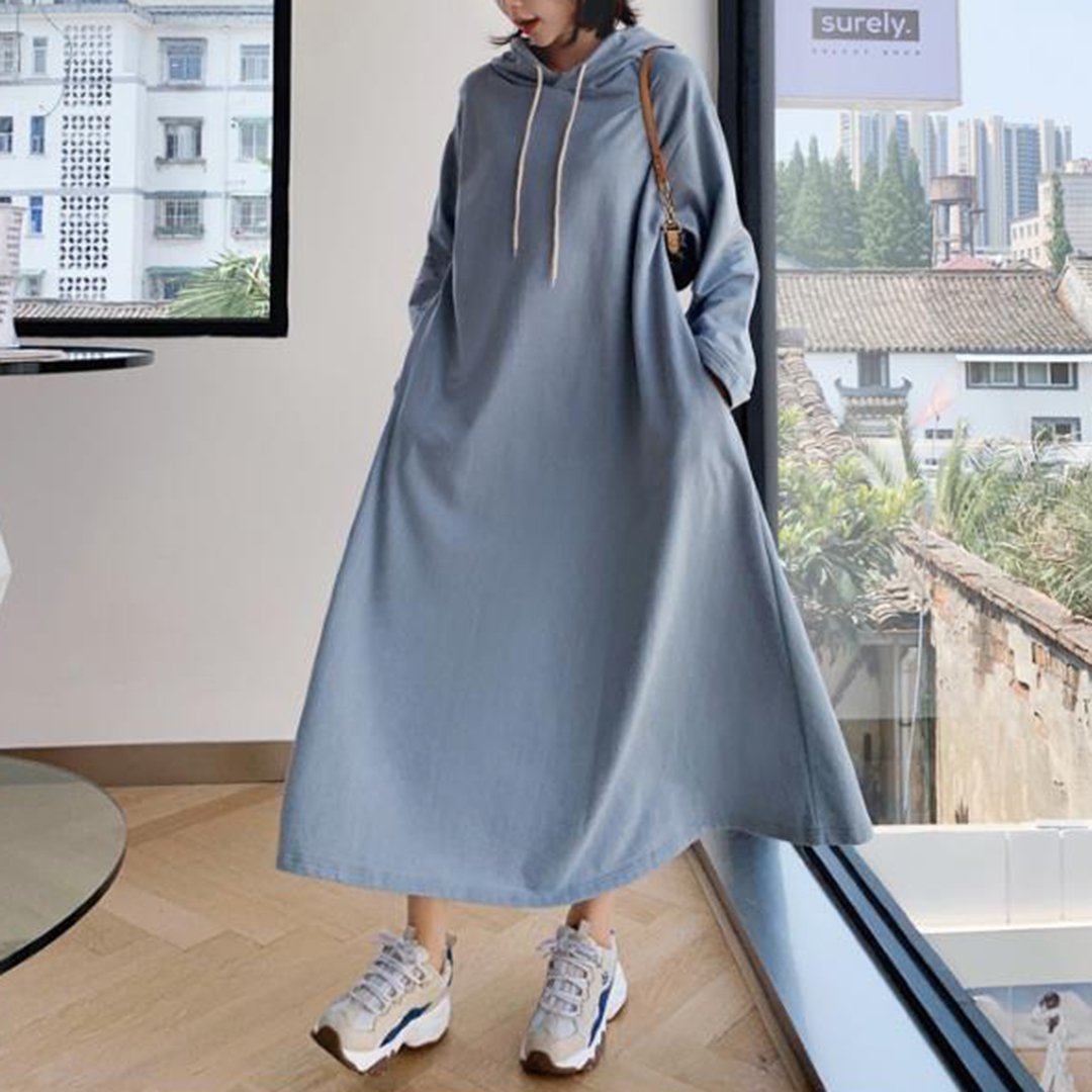 Babakud Solid Shift Loose Casual Maxi Hooded Dress