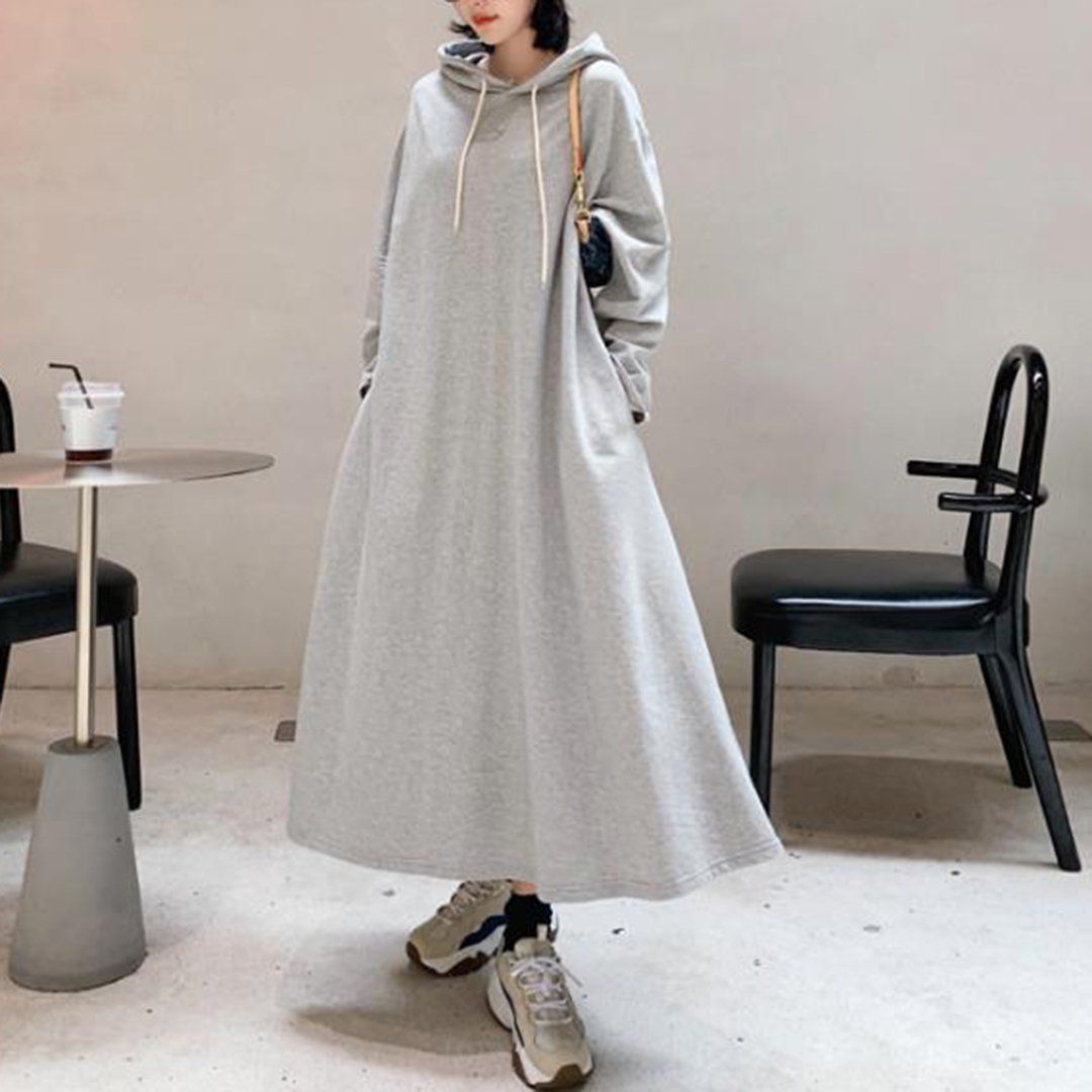 Babakud Solid Shift Loose Casual Maxi Hooded Dress