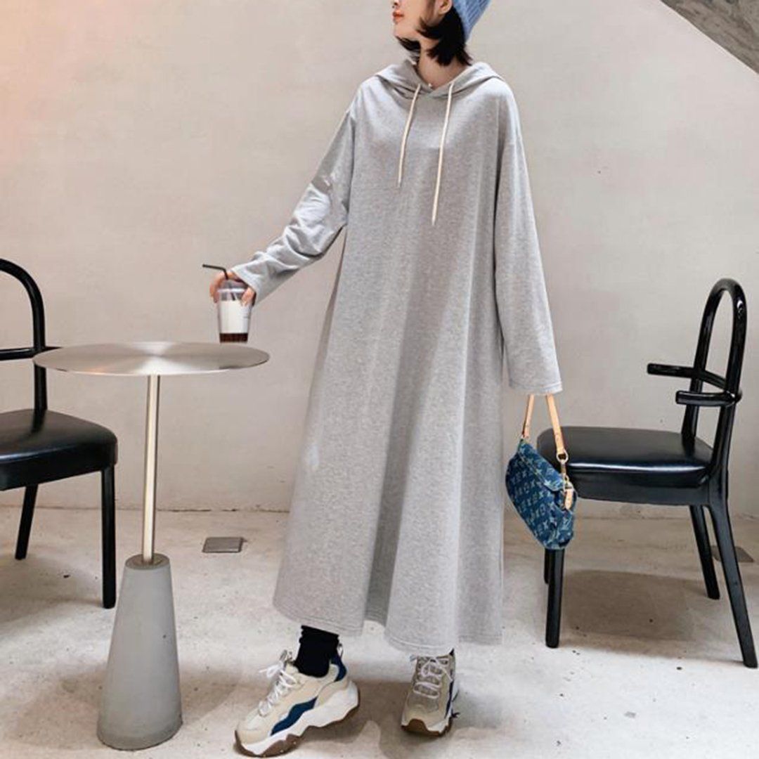 Babakud Solid Shift Loose Casual Maxi Hooded Dress