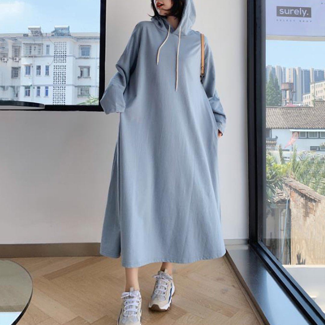 Babakud Solid Shift Loose Casual Maxi Hooded Dress