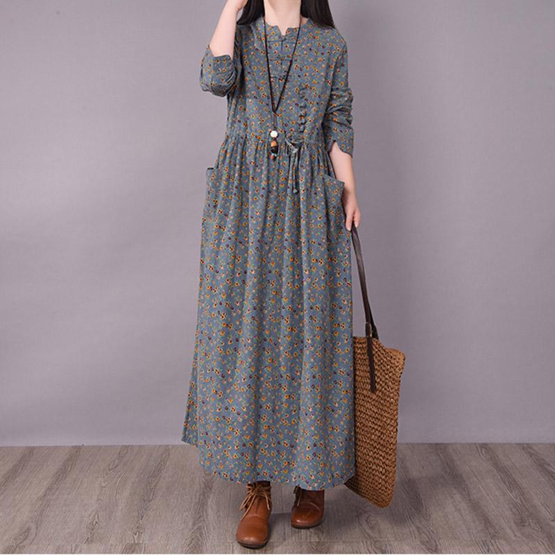 BABAKUD Spring Floral Irregular Stitching Pure Linen Long Sleeve Dress