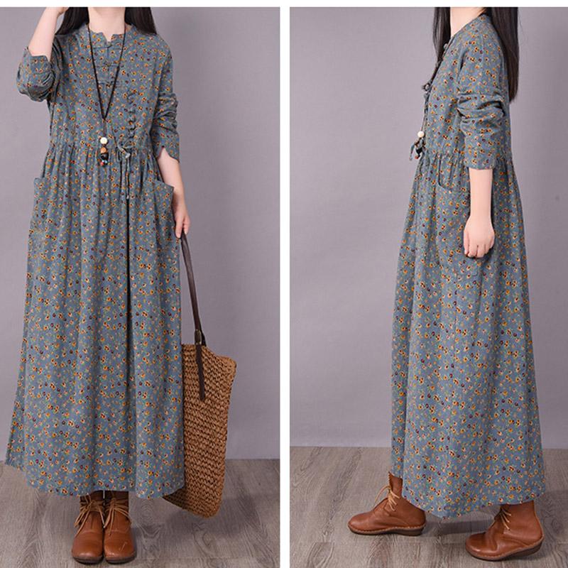 BABAKUD Spring Floral Irregular Stitching Pure Linen Long Sleeve Dress