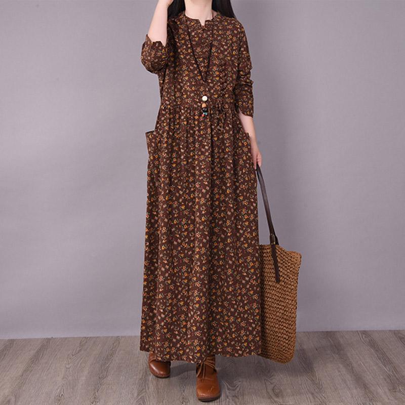 BABAKUD Spring Floral Irregular Stitching Pure Linen Long Sleeve Dress