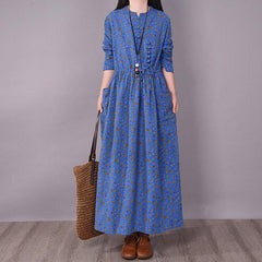 BABAKUD Spring Floral Irregular Stitching Pure Linen Long Sleeve Dress