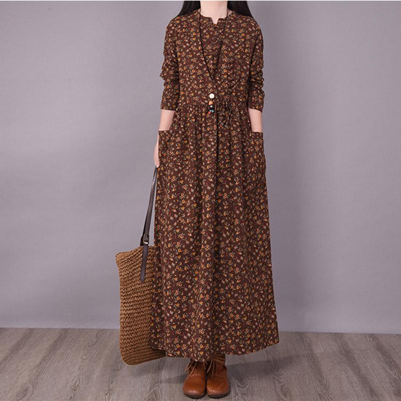 BABAKUD Spring Floral Irregular Stitching Pure Linen Long Sleeve Dress