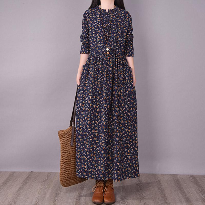 BABAKUD Spring Floral Irregular Stitching Pure Linen Long Sleeve Dress