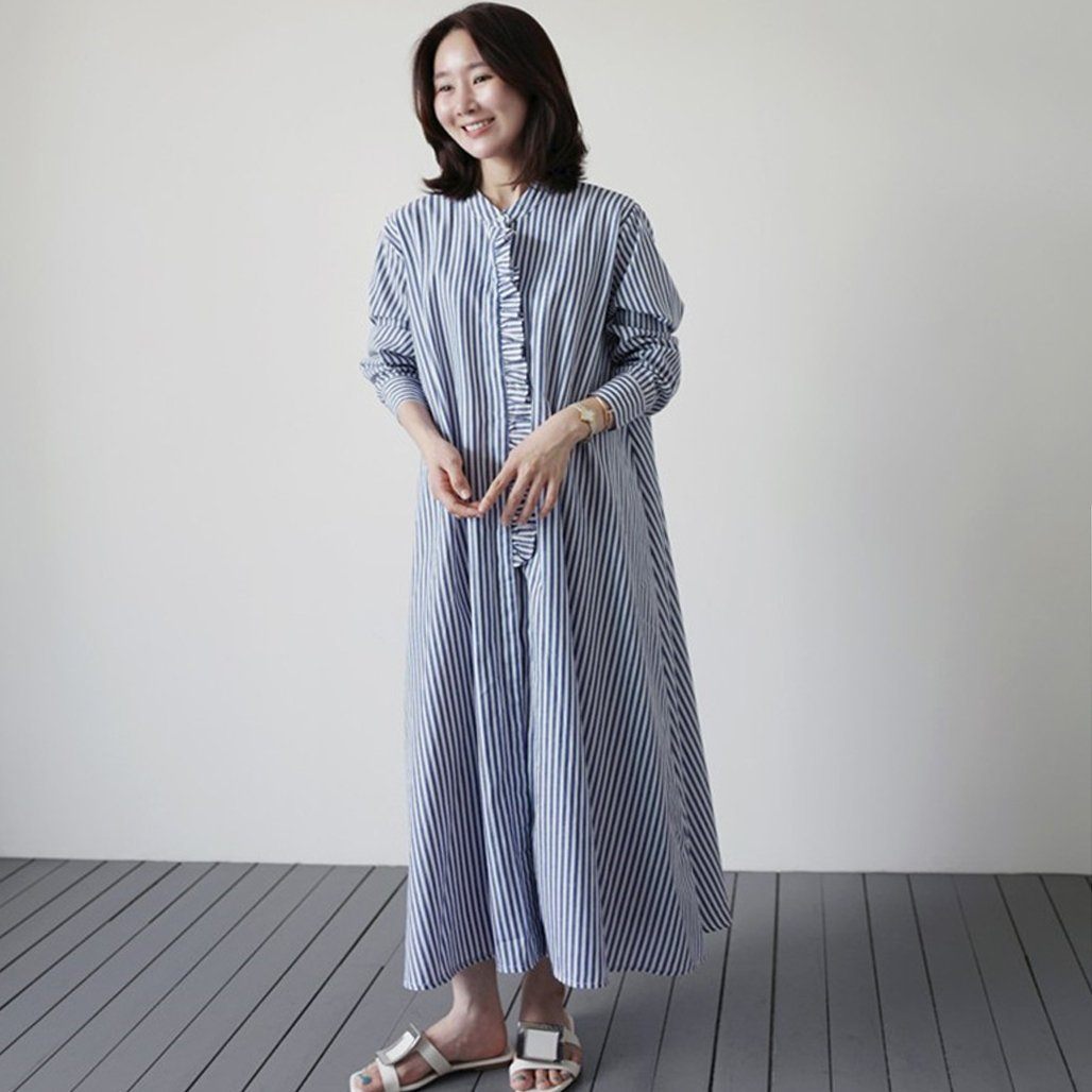 Leisure Long-Sleeved Women's Striped Shirt Dress