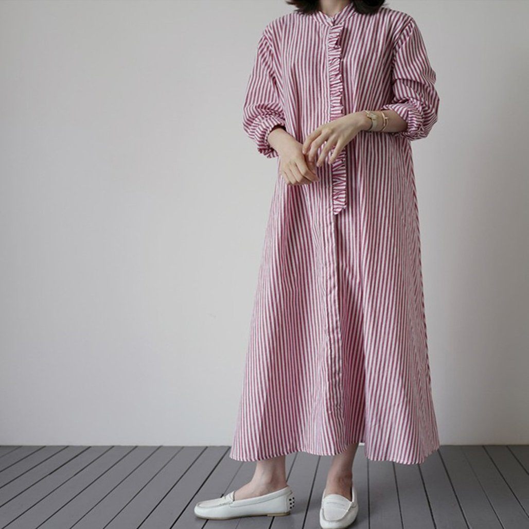 Leisure Long-Sleeved Women's Striped Shirt Dress