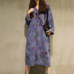 Babakud Summer Printed Denim Cotton Long Sleeve Dress