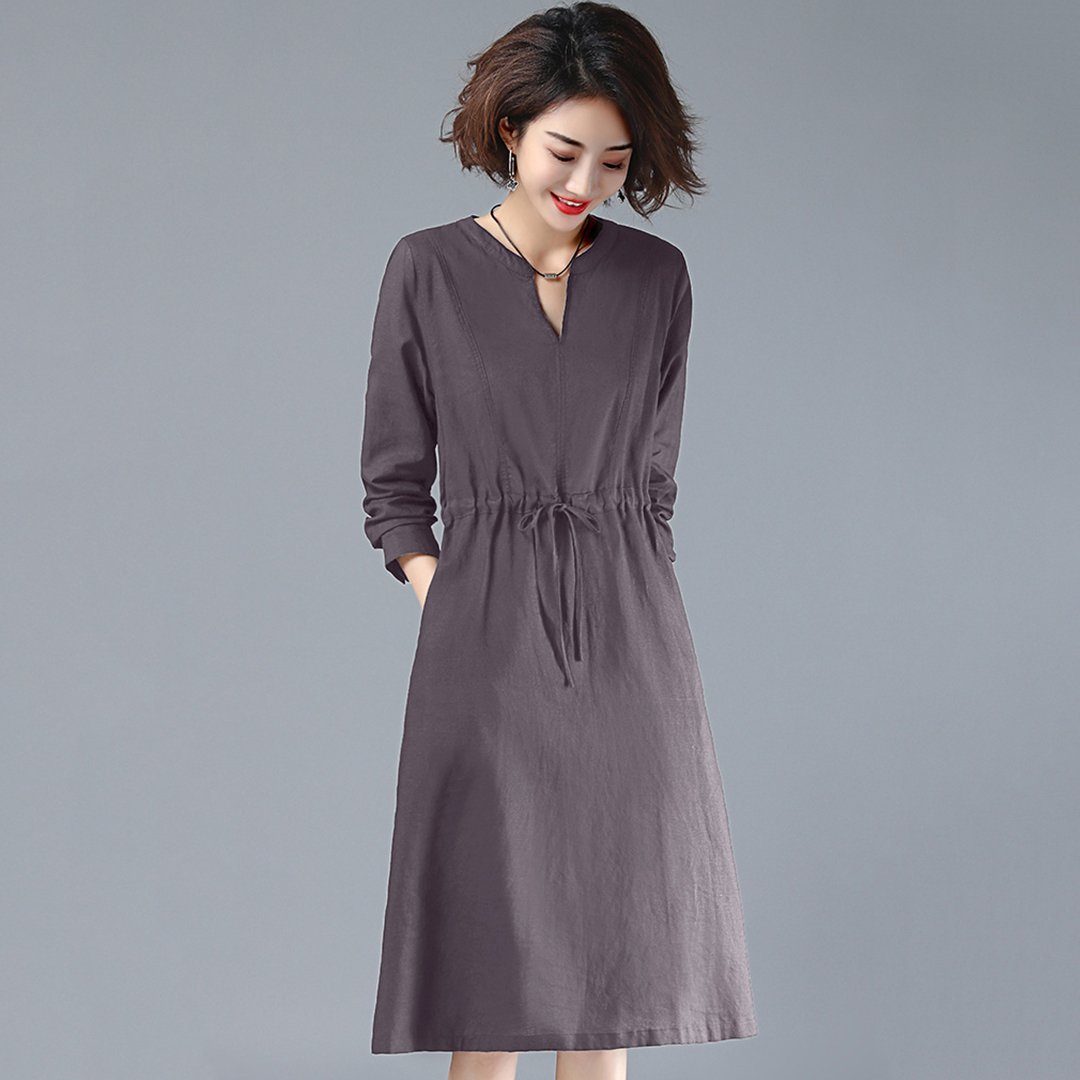 BABAKUD V-Neck Gathered Waist Long Sleeve Autumn Dress