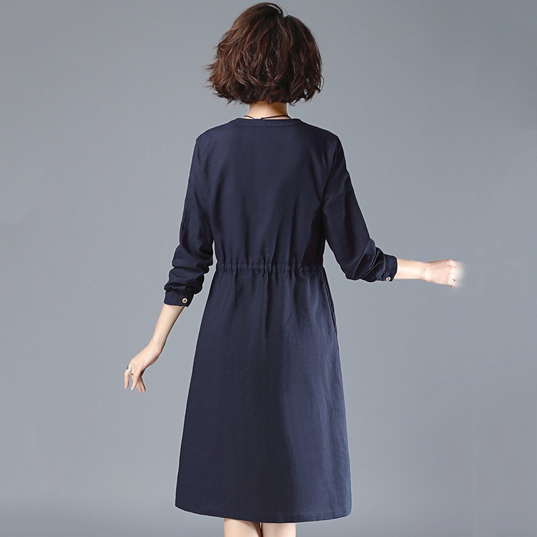 BABAKUD V-Neck Gathered Waist Long Sleeve Autumn Dress