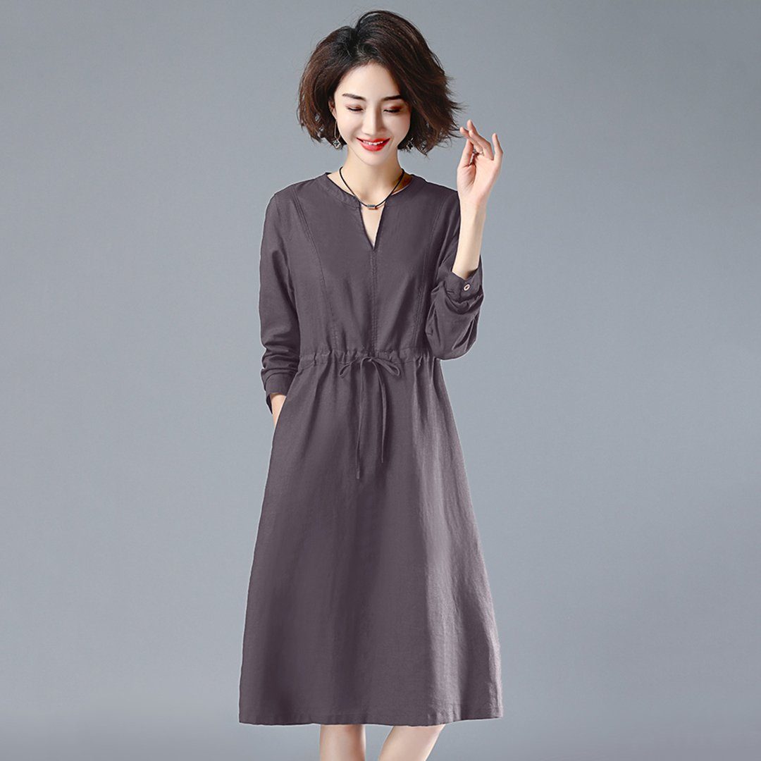 BABAKUD V-Neck Gathered Waist Long Sleeve Autumn Dress