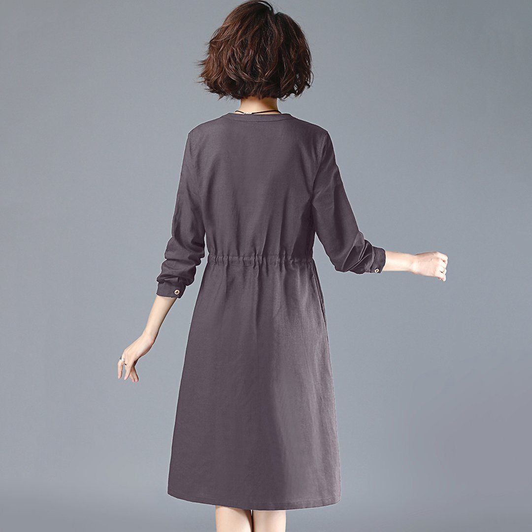 BABAKUD V-Neck Gathered Waist Long Sleeve Autumn Dress