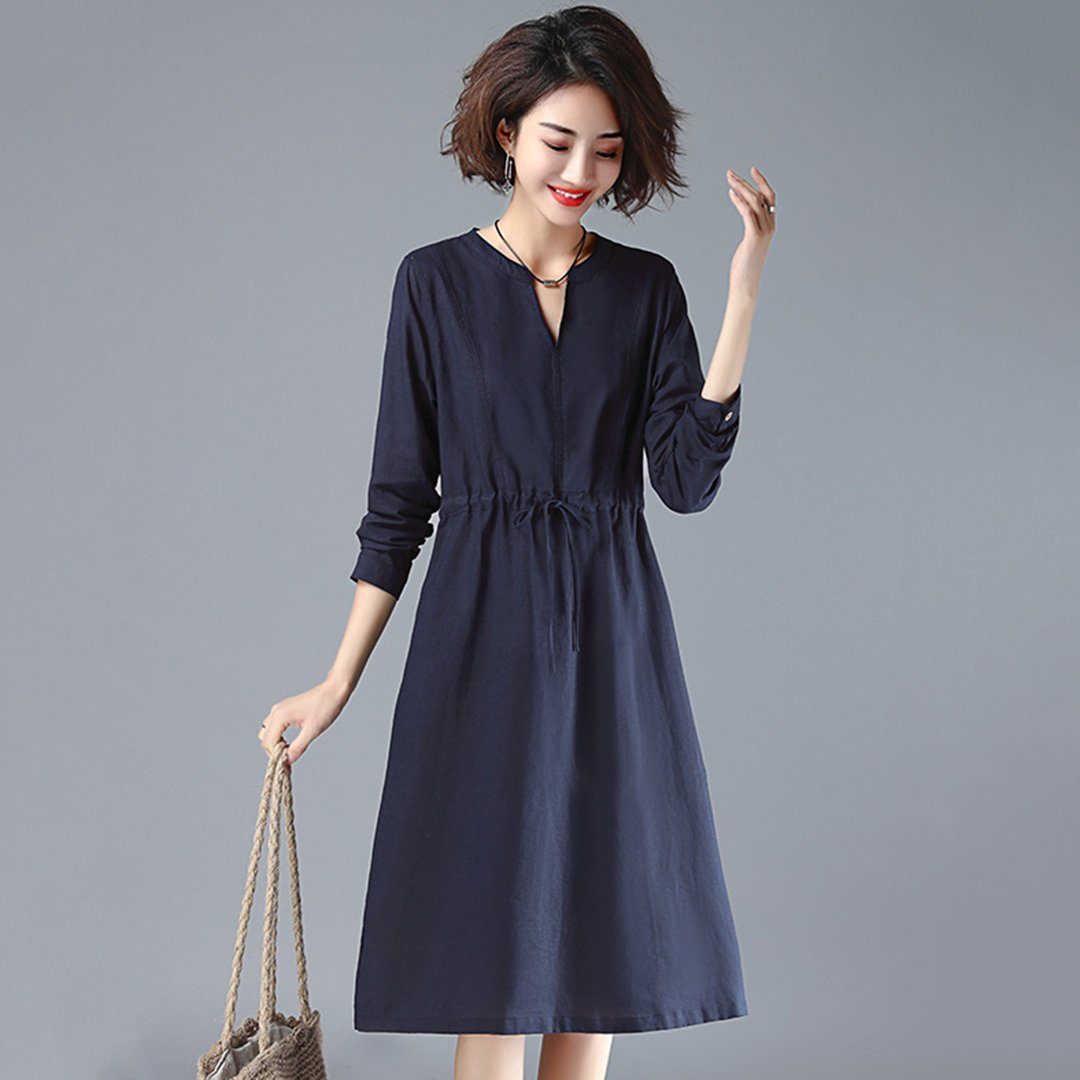 BABAKUD V-Neck Gathered Waist Long Sleeve Autumn Dress