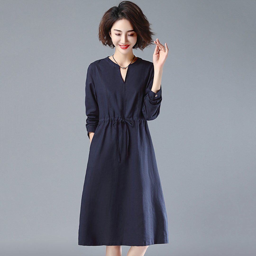 BABAKUD V-Neck Gathered Waist Long Sleeve Autumn Dress