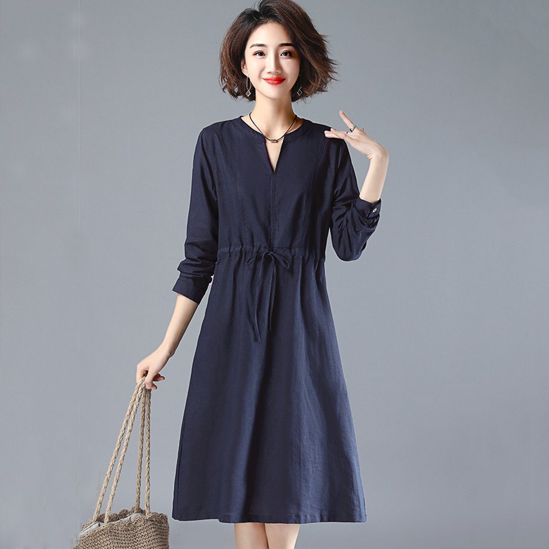 BABAKUD V-Neck Gathered Waist Long Sleeve Autumn Dress