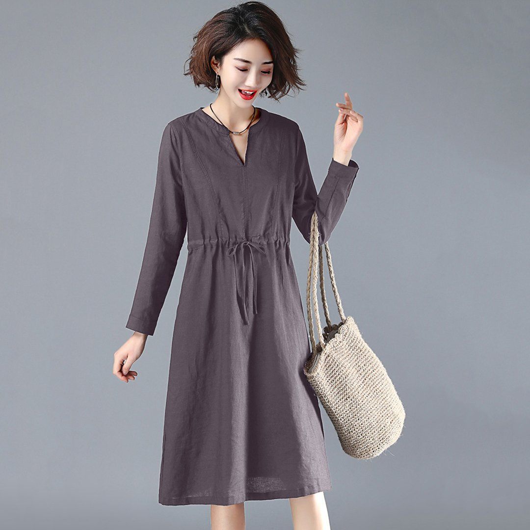 BABAKUD V-Neck Gathered Waist Long Sleeve Autumn Dress