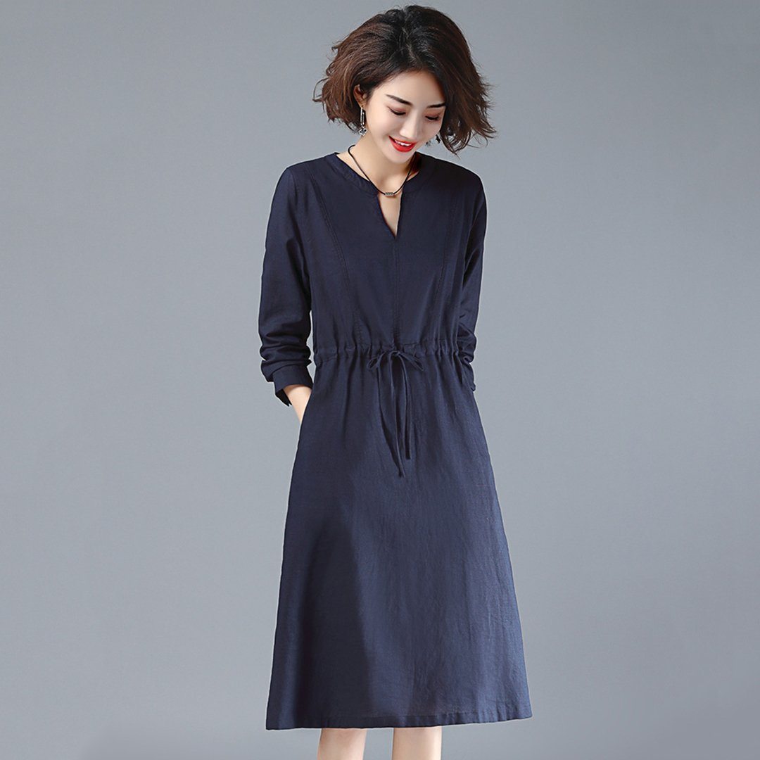 BABAKUD V-Neck Gathered Waist Long Sleeve Autumn Dress