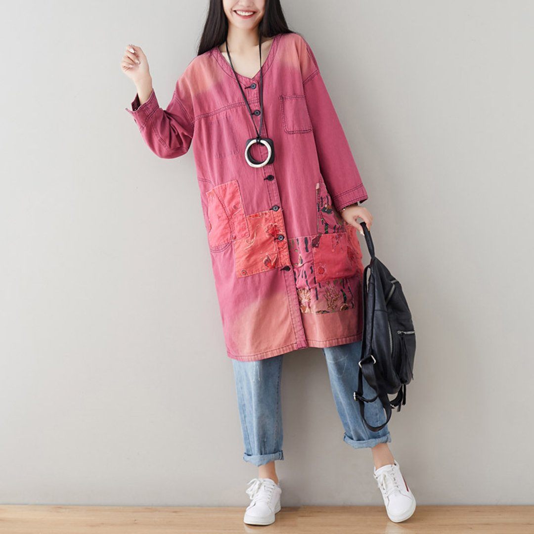 BABAKUD V-Neck Loose Casual Patchwork Autumn Thin Coat