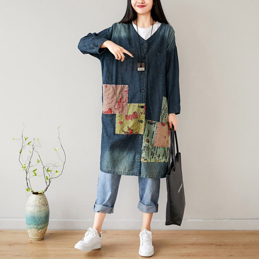 BABAKUD V-Neck Loose Casual Patchwork Autumn Thin Coat