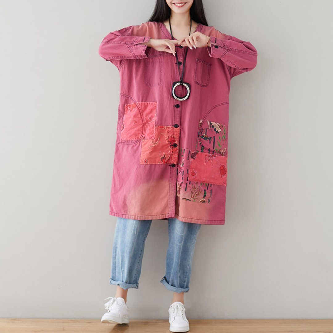 BABAKUD V-Neck Loose Casual Patchwork Autumn Thin Coat