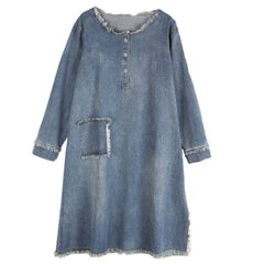 BABAKUD Women Denim Casual Burr Loose Long Sleeve Dress