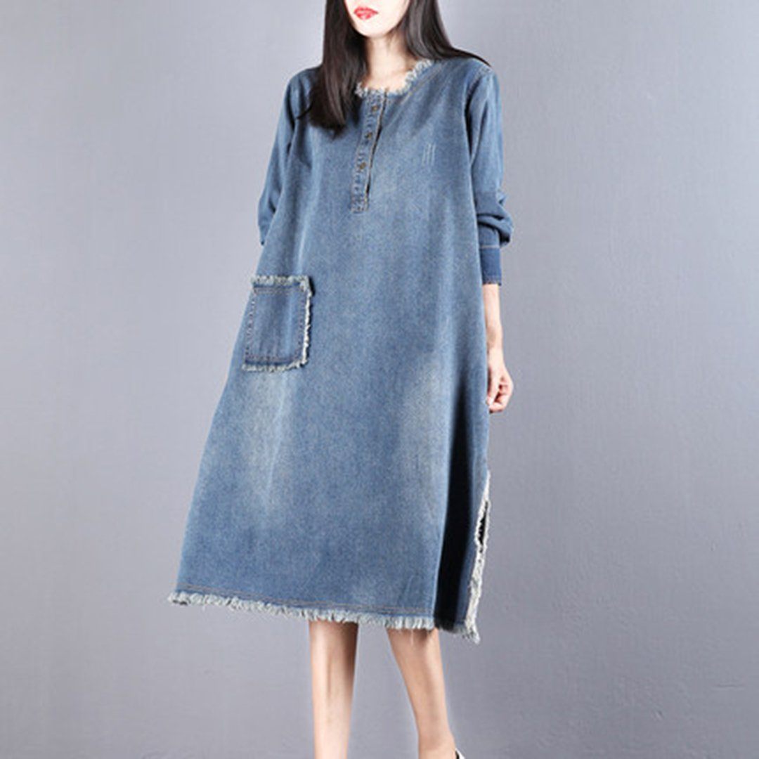 BABAKUD Women Denim Casual Burr Loose Long Sleeve Dress