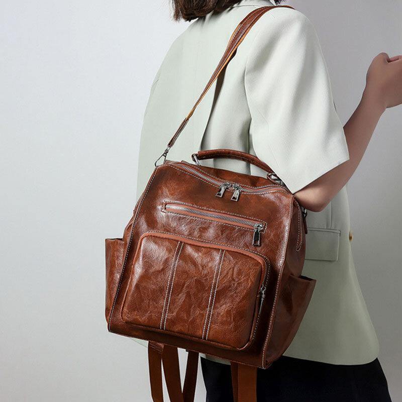 Women PU Leather Large Capacity Multi-pocket Retro Messenger Backpack Crossbody Bag Shoulder Bag